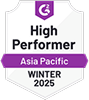 A G2 badge for "High Performer Asia Pacific Winter 2025,"
