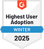 A G2 badge for "Highest User Adoption Winter 2025,"