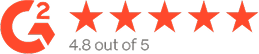 An orange G2 logo next to five orange stars and the text "4.8 out of 5,"